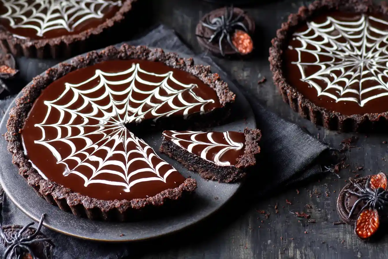 A visually stunning Chocolate Spiderweb Tart with a glossy dark chocolate filling and delicate white chocolate web design on top, garnished with fresh raspberries.