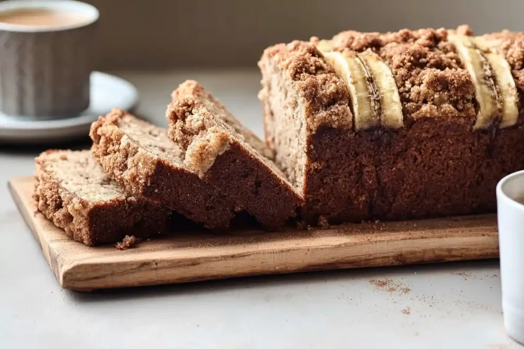A freshly baked loaf of Cinnamon Crunch Banana Bread is sliced, revealing a moist interior and a golden, crumbly topping.
