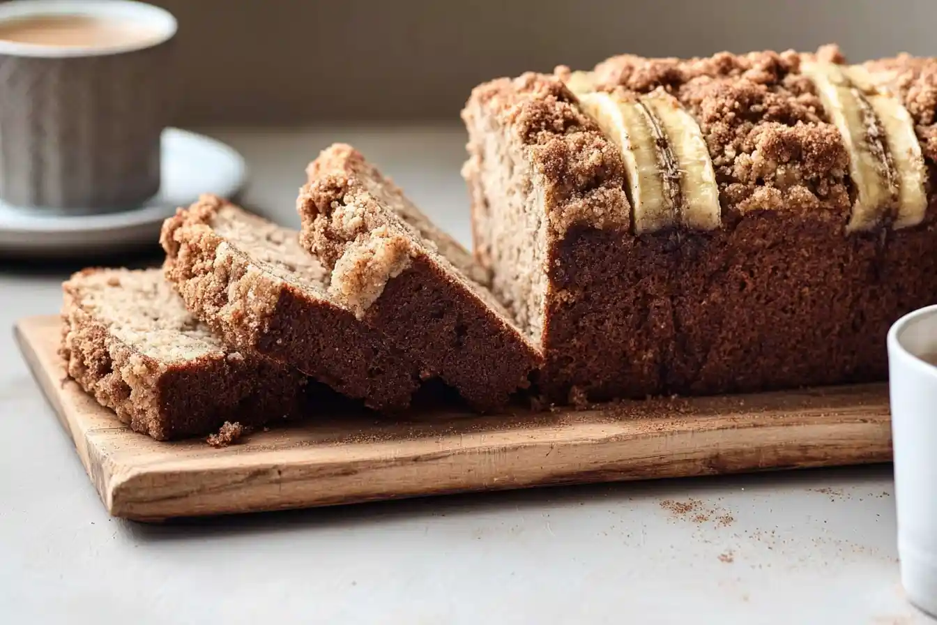 A freshly baked loaf of Cinnamon Crunch Banana Bread is sliced, revealing a moist interior and a golden, crumbly topping.
