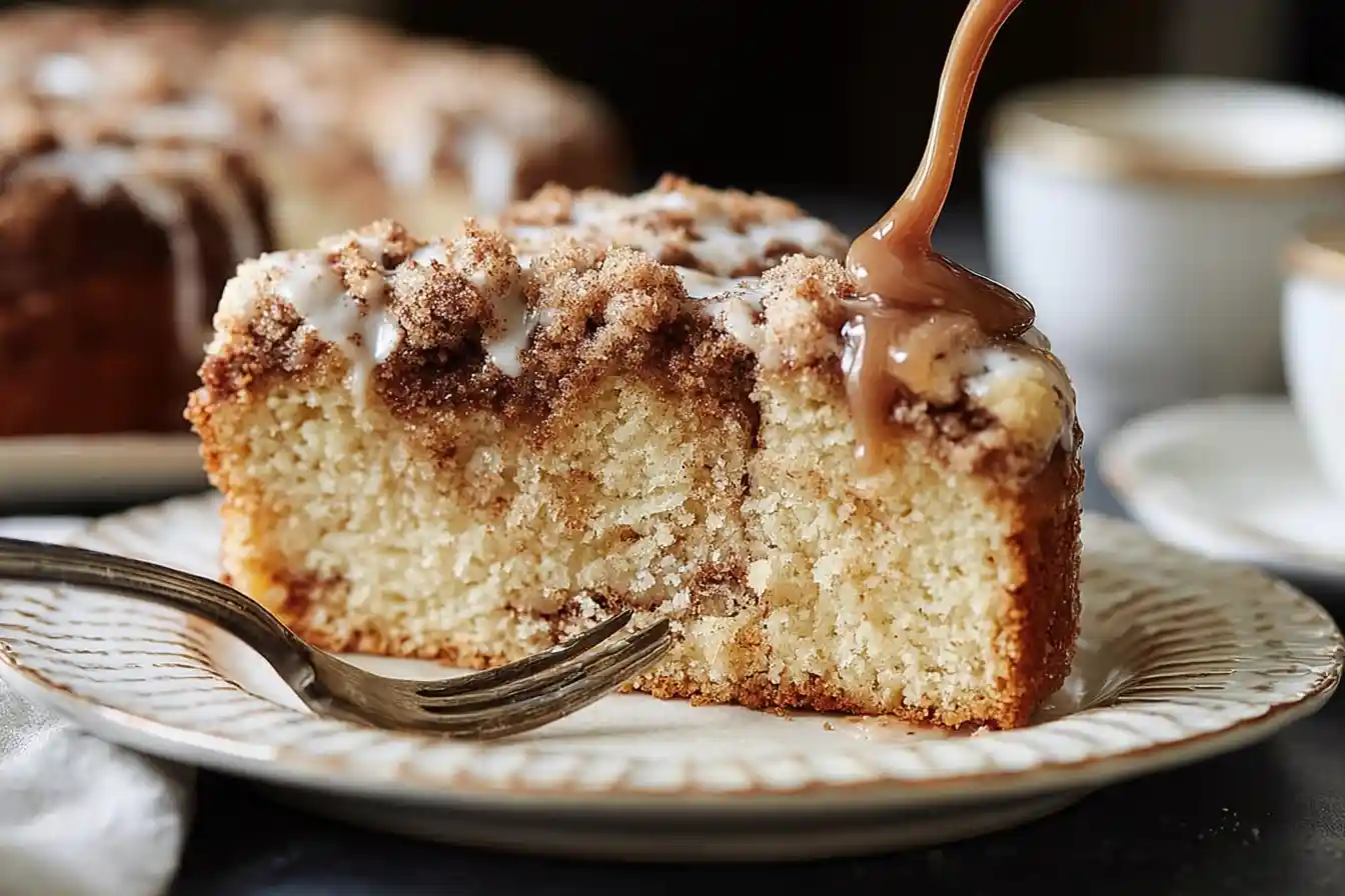 A close-up view of a perfectly baked Coffee Cake slice with a rich streusel topping and a dusting of powdered sugar.
