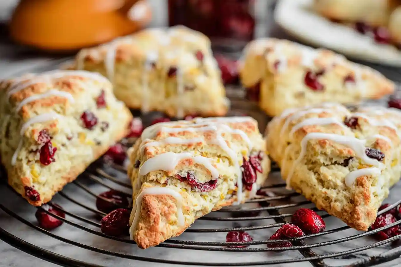 A close-up shot of freshly baked Cranberry Orange Scones, lightly glazed and topped with orange zest, arranged on a cooling rack.