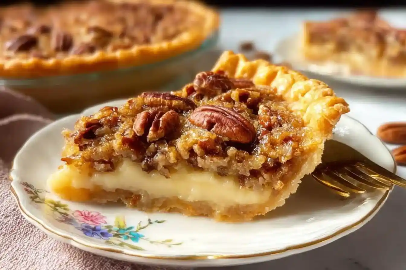 A perfectly baked Creamy Pecan Pie with a flaky golden crust, rich amber filling, and whole pecans on top, seen from a slight overhead angle.