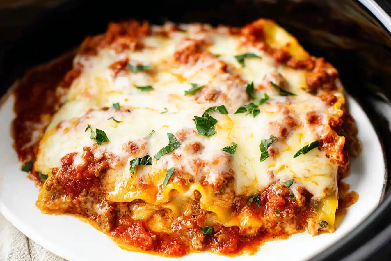 A close-up shot of a bubbling, cheesy Easy Crockpot Lasagna served in a bowl, with the slow cooker visible in the background.