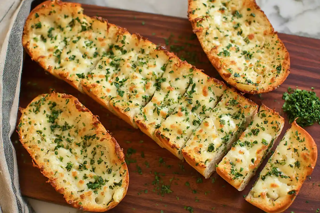 A close-up shows several slices of golden-brown Garlic Bread, brushed with butter and herbs, ready to serve.