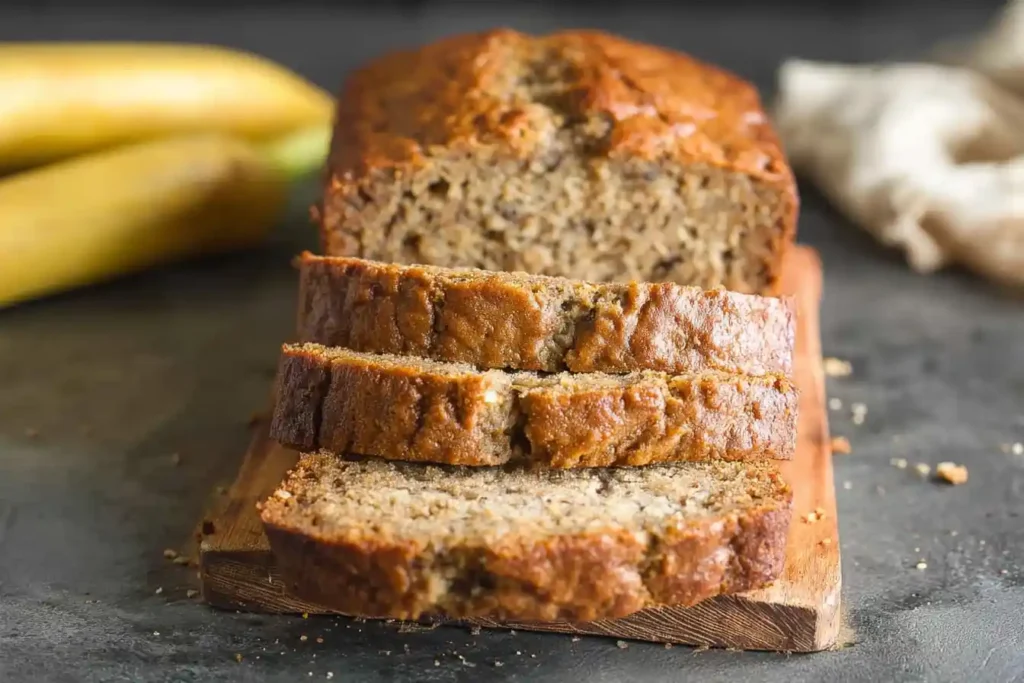 A beautifully baked loaf of Healthy Banana Bread, perfectly sliced to show its moist texture, rests on a cutting board.