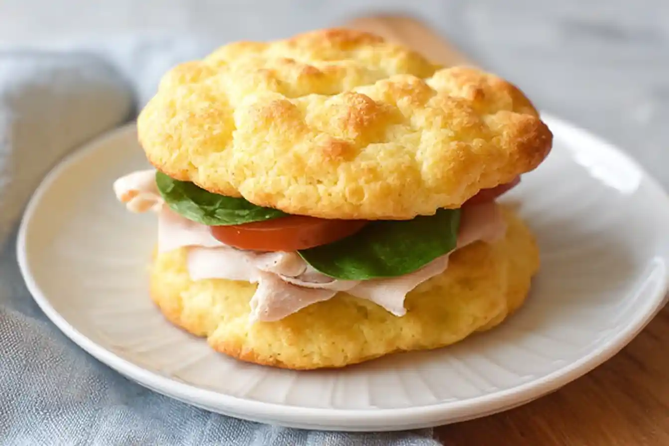 A close-up of several fluffy, golden-baked Keto Cloud Bread pieces stacked on a white plate.