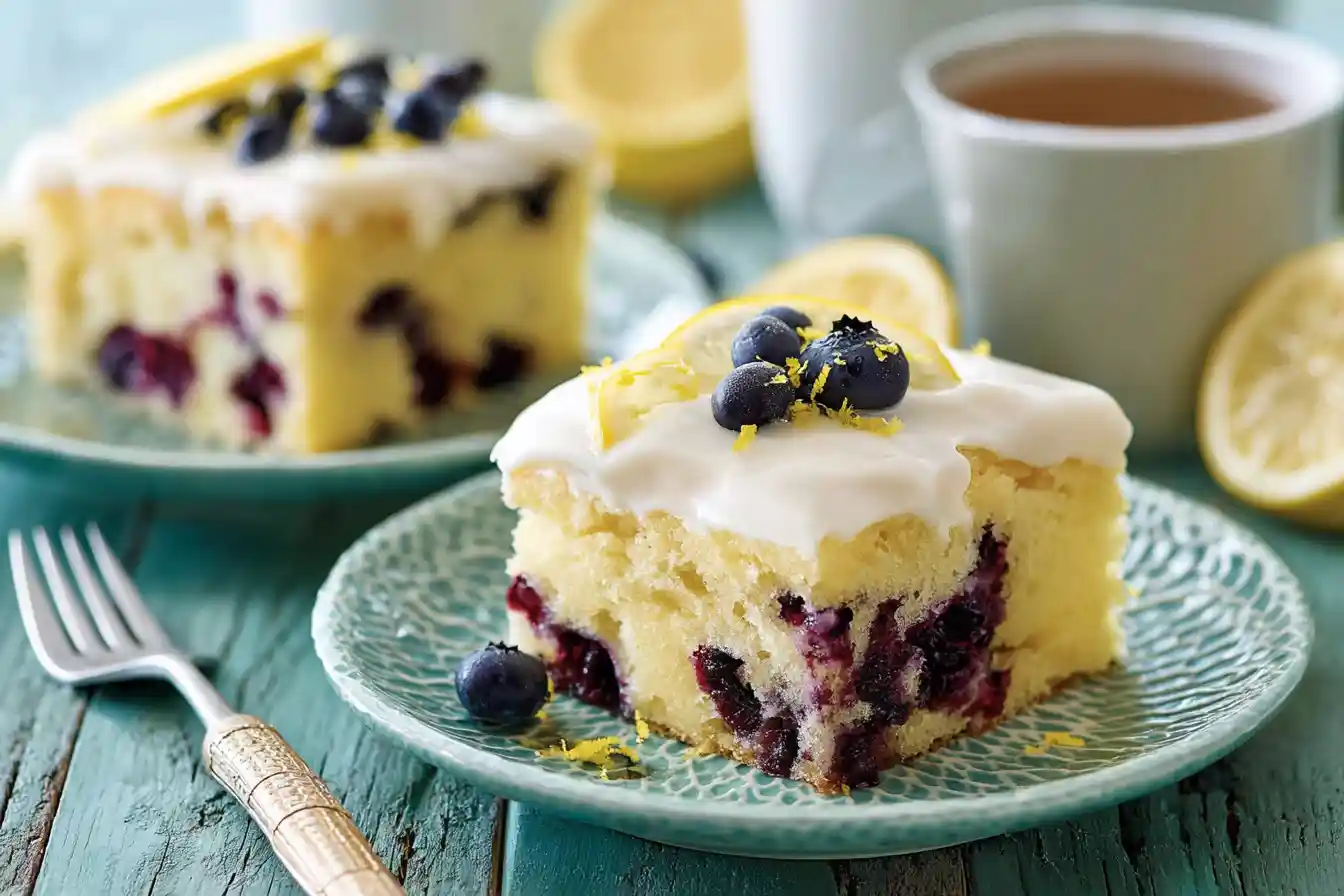 A generously sized Lemon Blueberry Sheet Cake is beautifully presented, topped with a light lemon glaze and fresh blueberries.