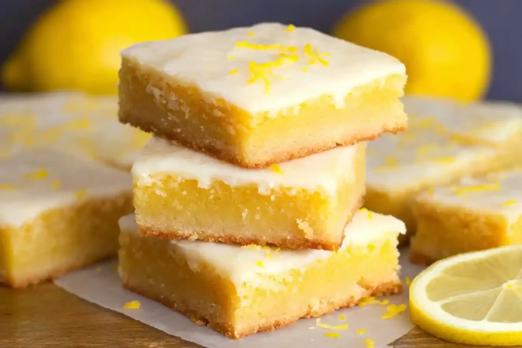 A close-up shows several golden-topped Lemon Brownie Bars Recipe squares dusted with powdered sugar, arranged on a serving platter.