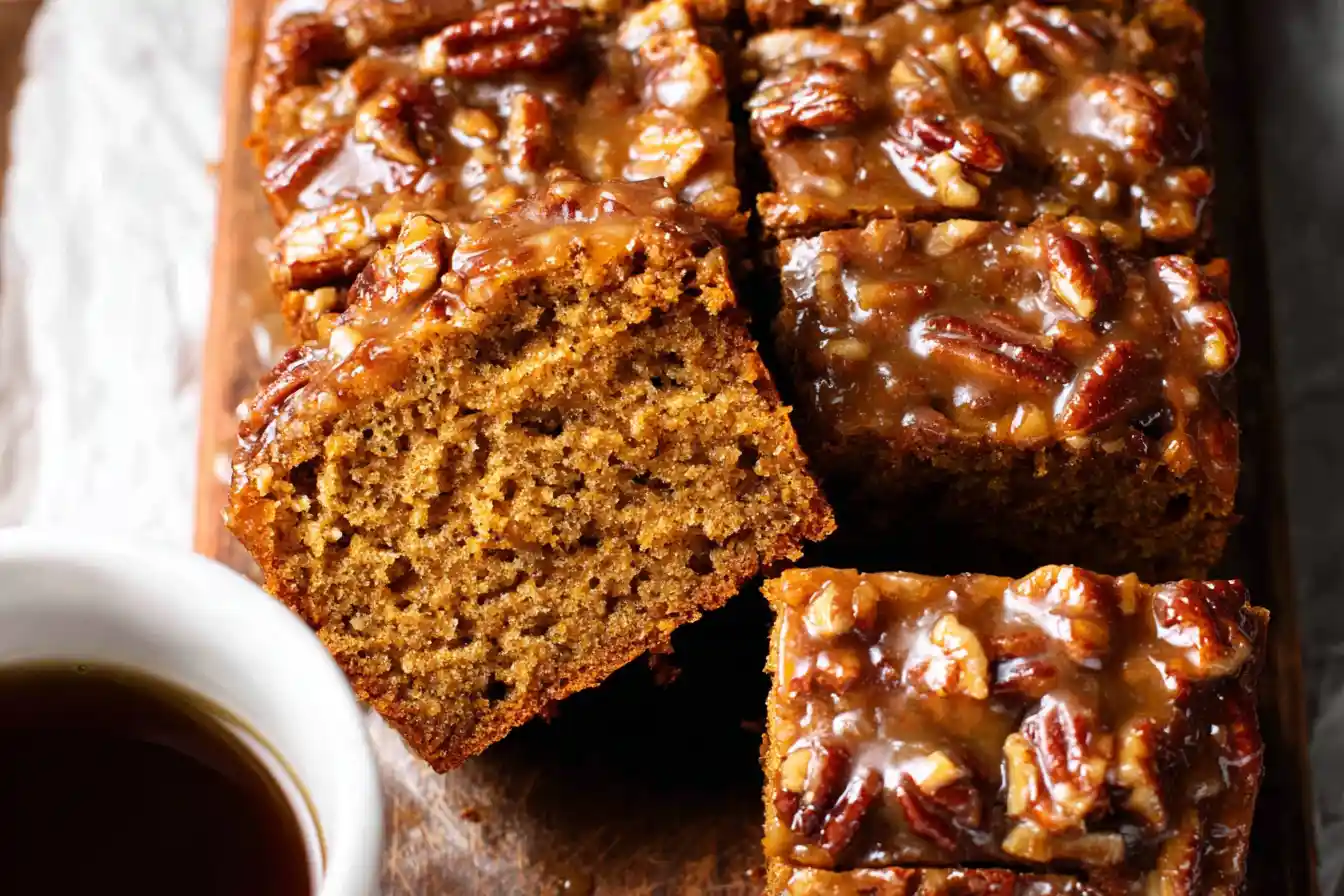 A close-up view of a perfectly baked Maple Pecan Pumpkin Yogurt Cake, featuring a moist texture, a drizzle of icing, and scattered chopped pecans.