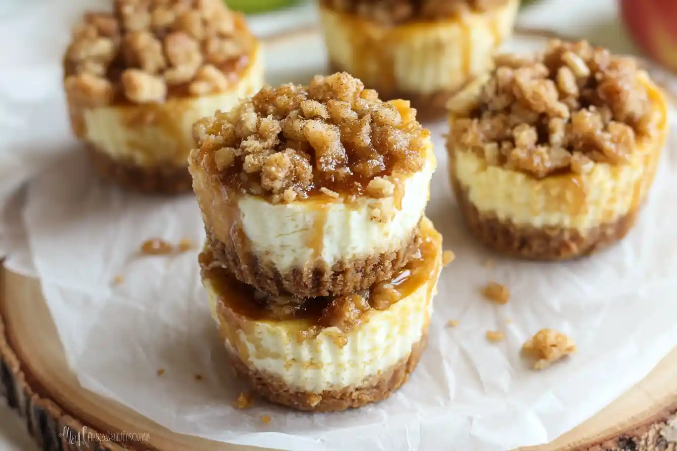A close-up shot of several individual Mini Apple Crisp Cheesecakes, each featuring a creamy base topped with a spiced apple filling and a golden crisp crumble.