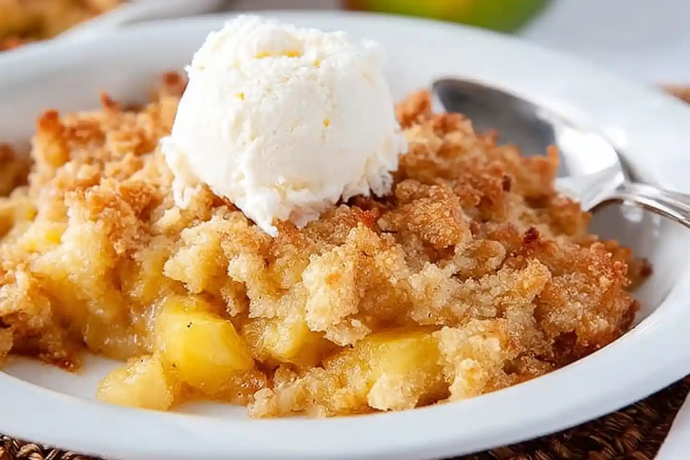 A warm, golden-brown Pineapple Cobbler is presented in a white baking dish, showcasing its bubbly fruit and crunchy topping.