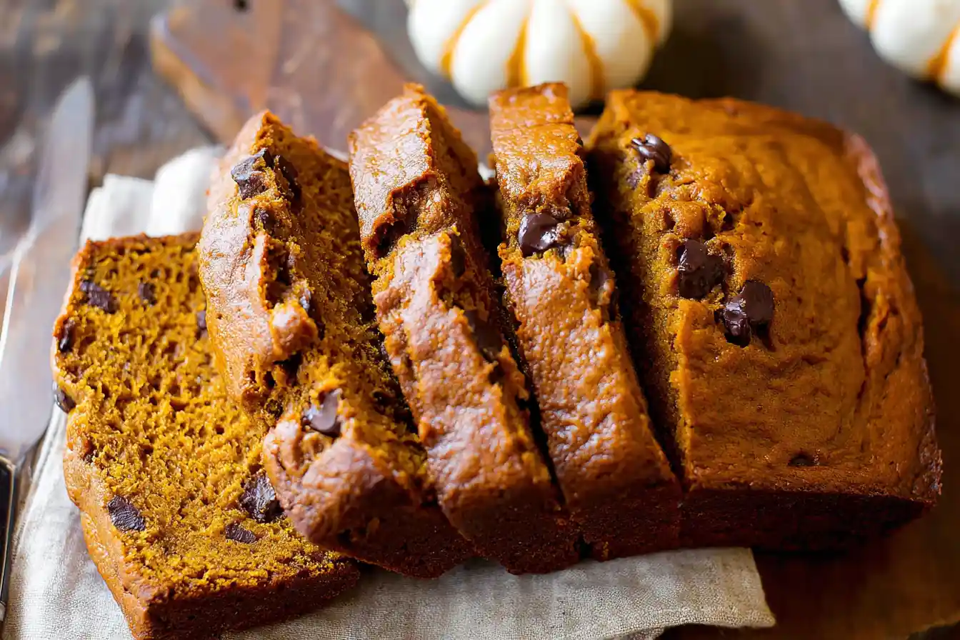 A freshly baked loaf of Pumpkin Bread, partially sliced on a rustic wooden cutting board, with a warm, inviting glow.
