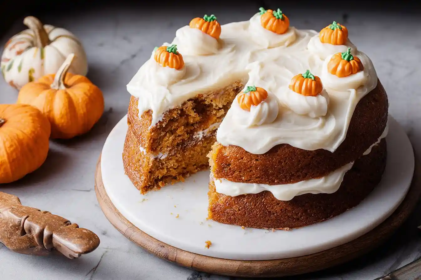 A tempting slice of Pumpkin Cake topped with creamy frosting is presented on a white plate.