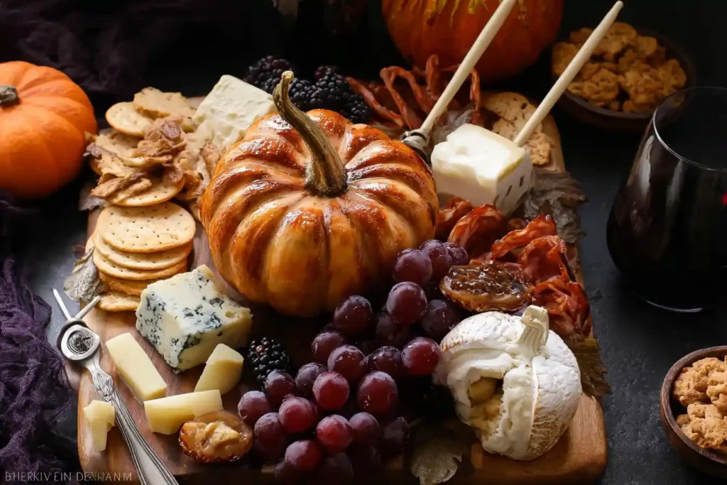 A festive fall table features a beautifully arranged pumpkin charcuterie board overflowing with cheeses, fruits, nuts, and crackers.