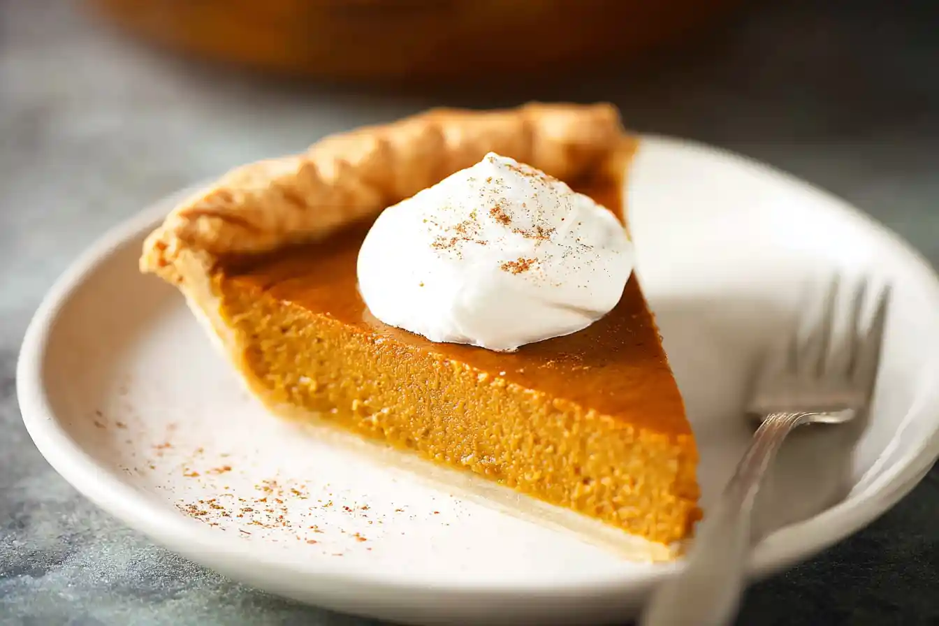 A beautifully baked golden pumpkin pie, with a slice removed, showcasing a smooth filling, perfect for a delicious Pumpkin Pie Recipe.