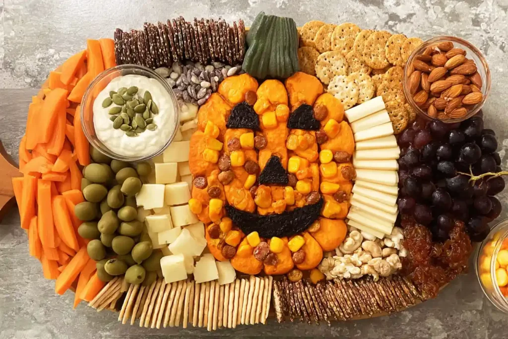 A beautifully arranged autumn-themed Pumpkin Snack Board featuring cheeses, crackers, fruits, and nuts on a wooden platter.