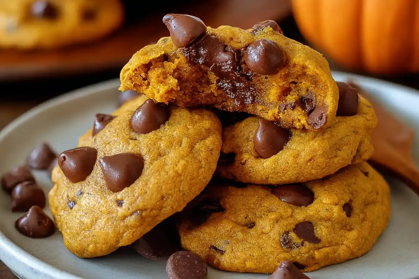 A close-up shows several warm, golden-brown Pumpkin Spice Chocolate Chip cookies cooling on a wire rack, with visible melted chocolate chips.