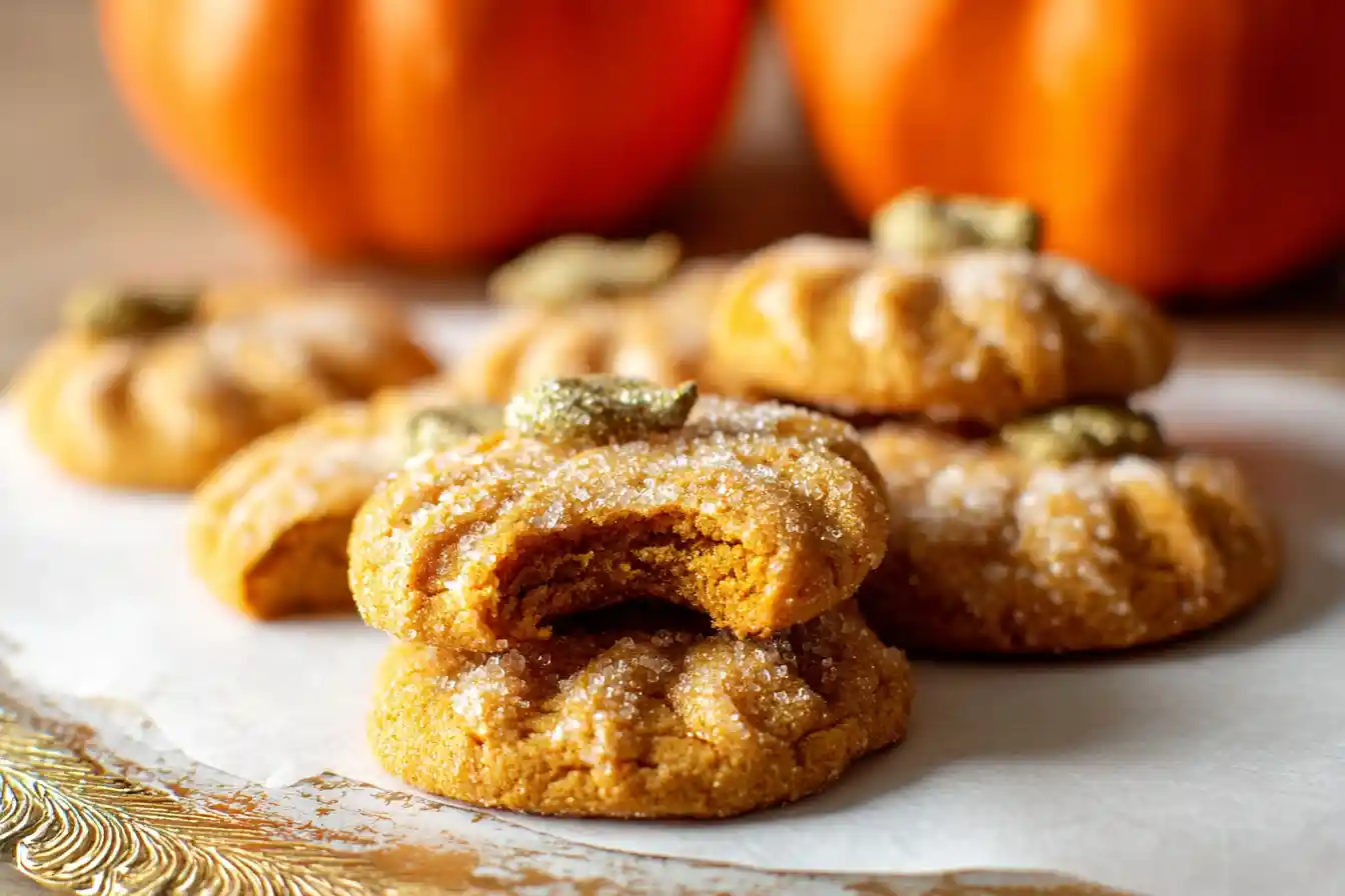 A group of artfully decorated Pumpkin Sugar Cookies featuring orange icing and white details are arranged on a light-colored surface.