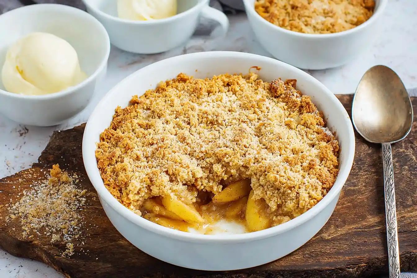 A warm, golden-brown Simple Apple Crumble in a ceramic baking dish, ready to be served.