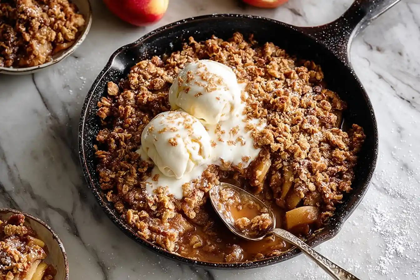 A golden brown Skillet Apple Crisp with a bubbly filling is served directly in a cast iron pan, topped with a scoop of melting vanilla ice cream.