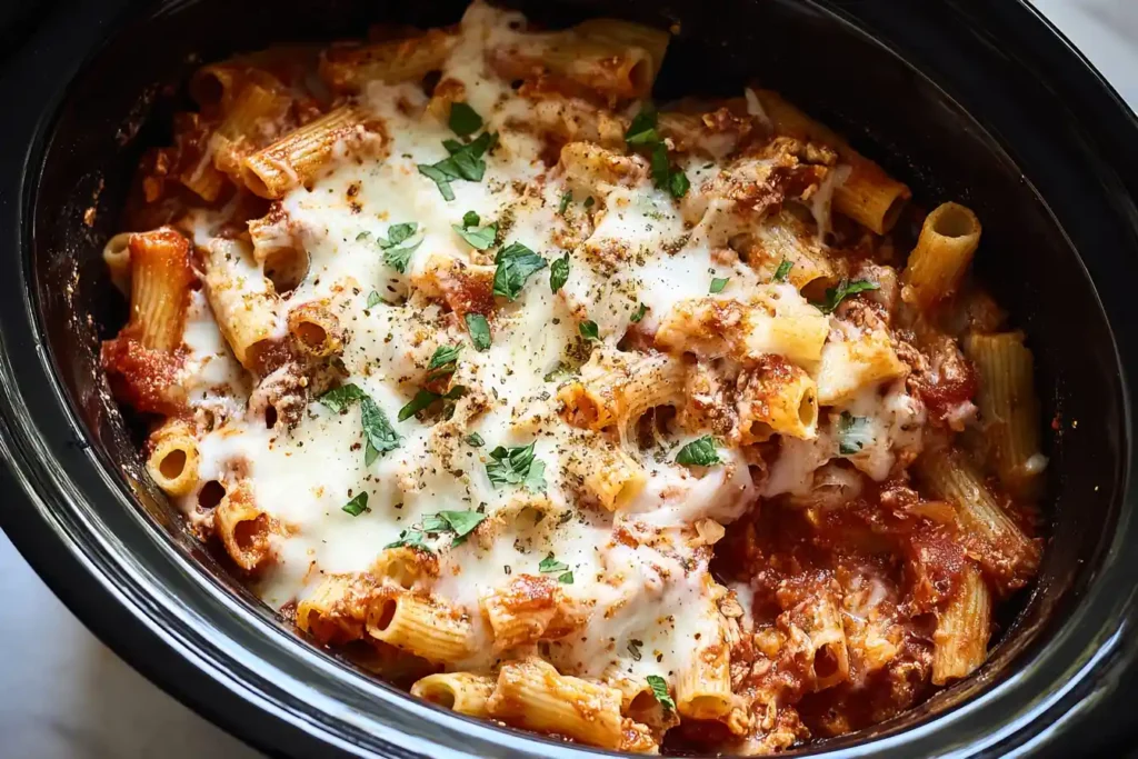 A bubbling, cheesy Slow Cooker Baked Ziti with melted mozzarella and specks of herbs, served in or from a slow cooker.