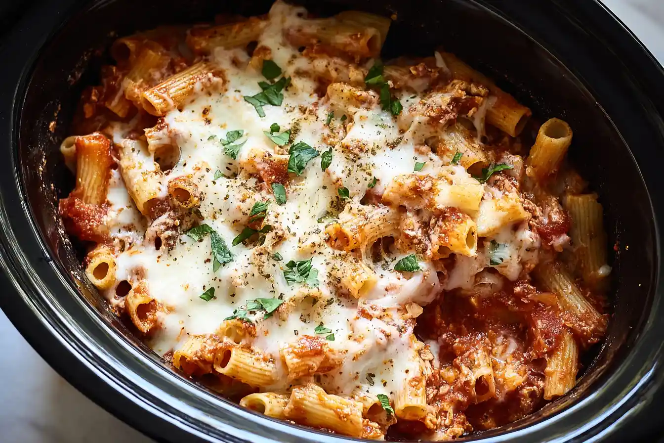A bubbling, cheesy Slow Cooker Baked Ziti with melted mozzarella and specks of herbs, served in or from a slow cooker.