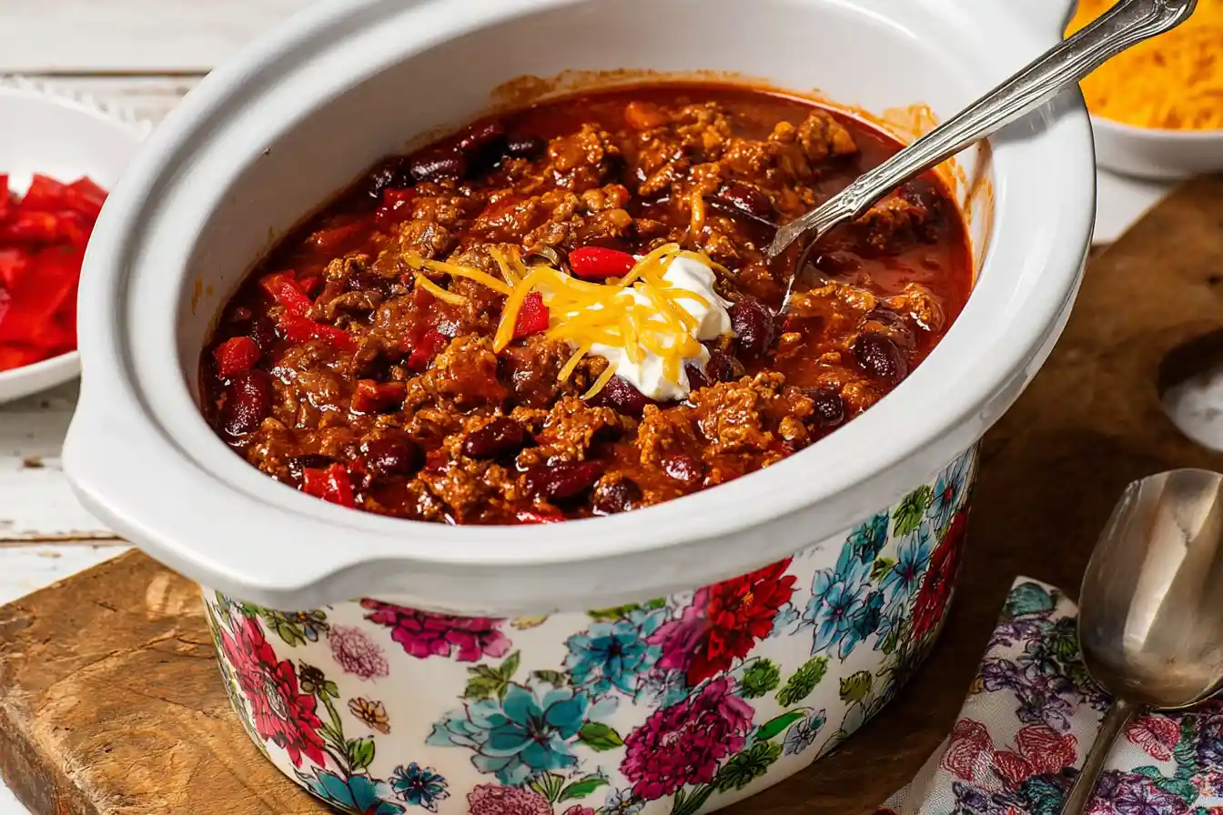 A hearty bowl of Slow Cooker Chili topped with shredded cheese and fresh cilantro.
