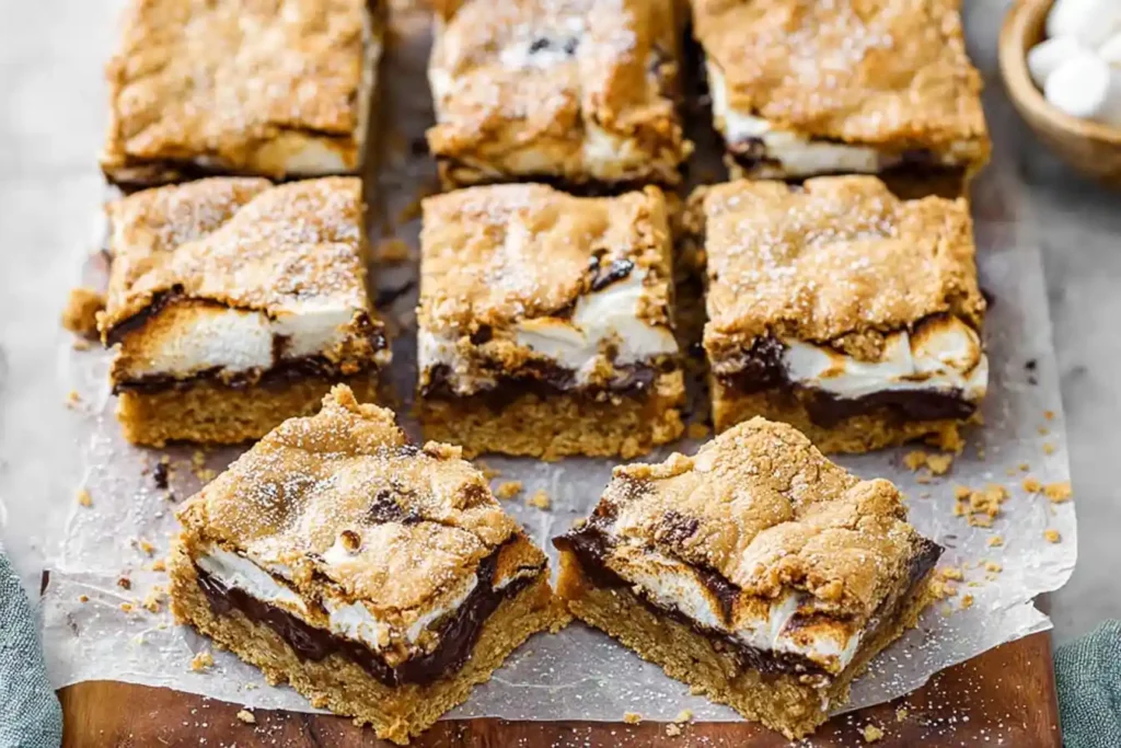 A close-up of a tray filled with freshly baked S'more Bars, featuring golden-brown toasted marshmallow tops and visible chocolate layers.