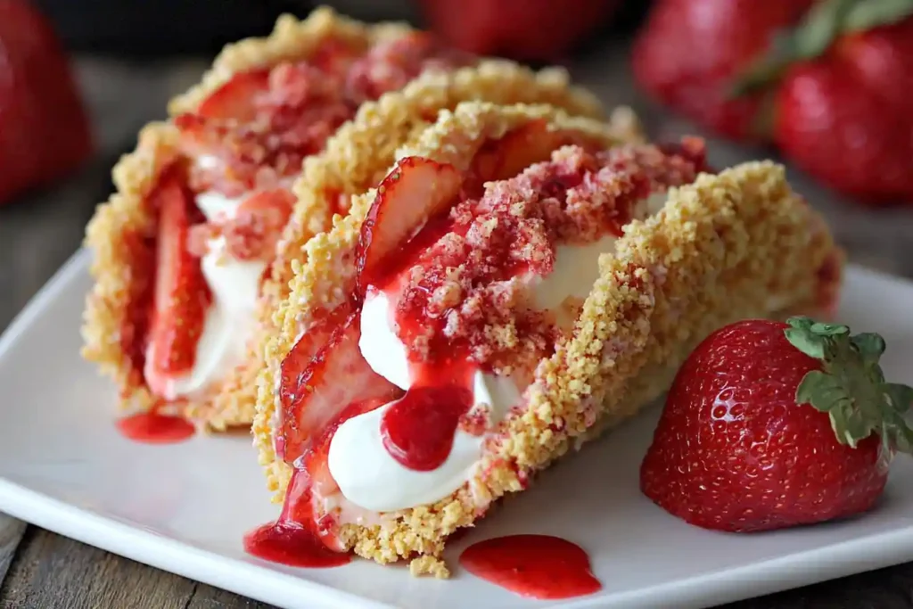 Several golden-fried dessert tacos are presented, generously filled with a creamy cheesecake mixture and topped with vibrant pink strawberry crunch, perfectly embodying Strawberry Crunch Cheesecake Tacos.