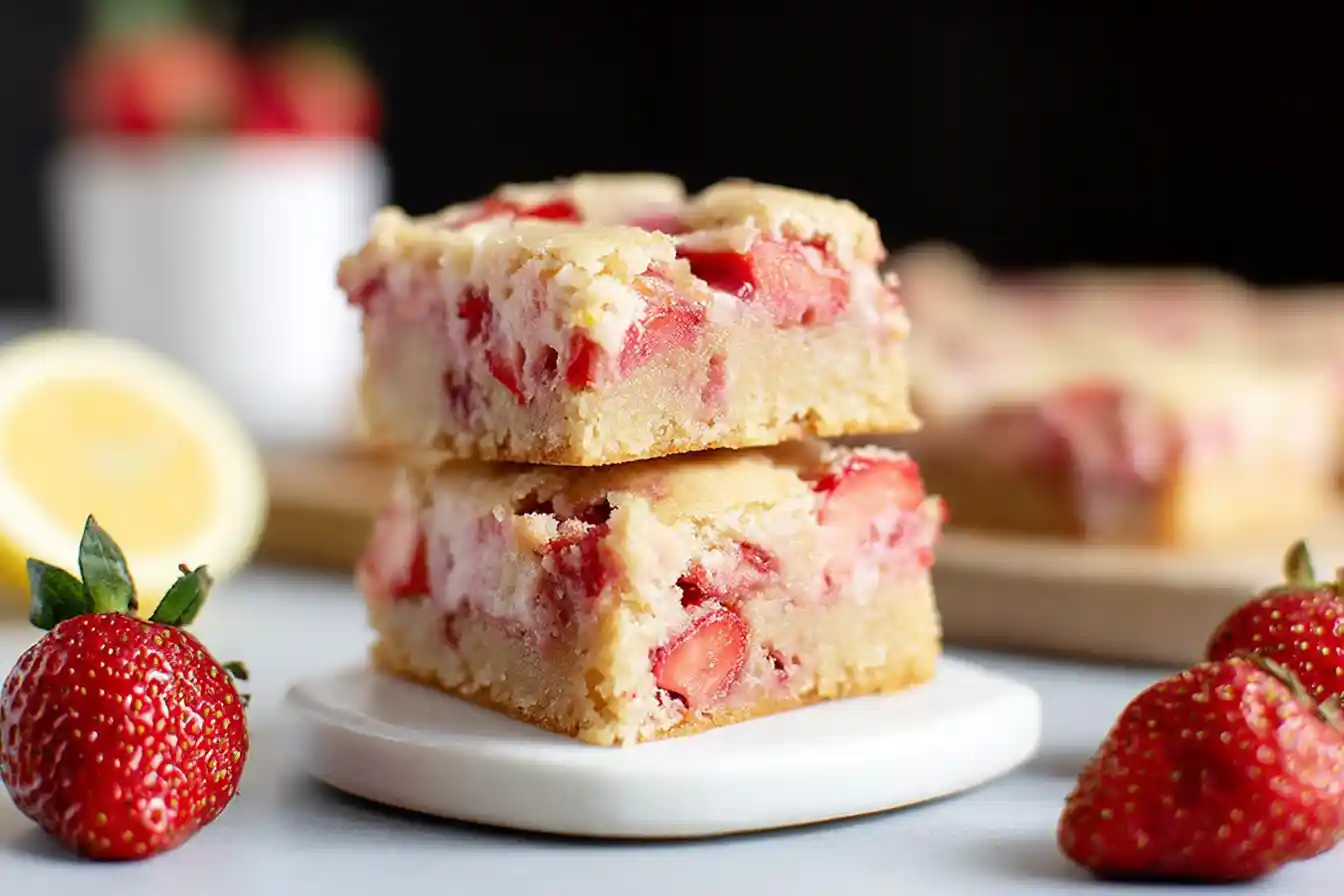A close-up shot shows several freshly baked Strawberry Lemon Blondies, garnished with fresh strawberry slices and lemon zest on a light surface.