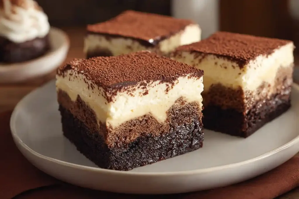 A close-up view of two decadent Tiramisu Brownies, featuring distinct layers of rich chocolate brownie, coffee-soaked biscuit, and a creamy mascarpone topping dusted with cocoa powder.
