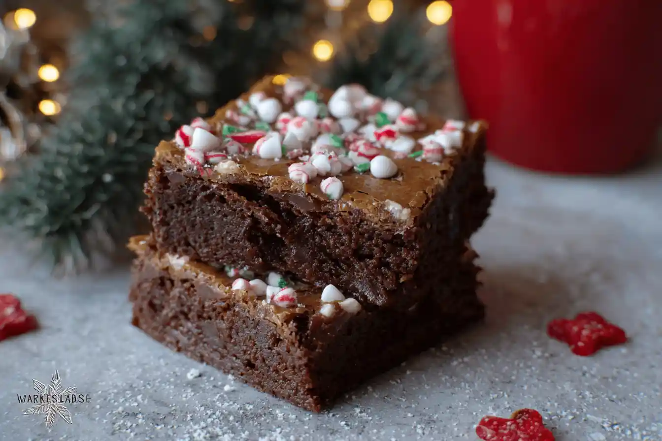 A close-up shot of a rich, fudgy square of Ultimate Festive Brownie adorned with colorful sprinkles and a dusting of powdered sugar.