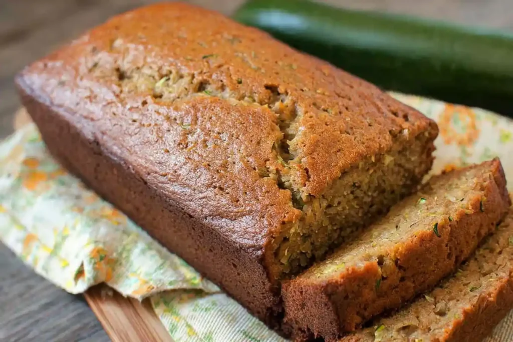 A thick, golden-brown slice of Zucchini Bread, speckled with green zucchini, sits on a wooden cutting board.