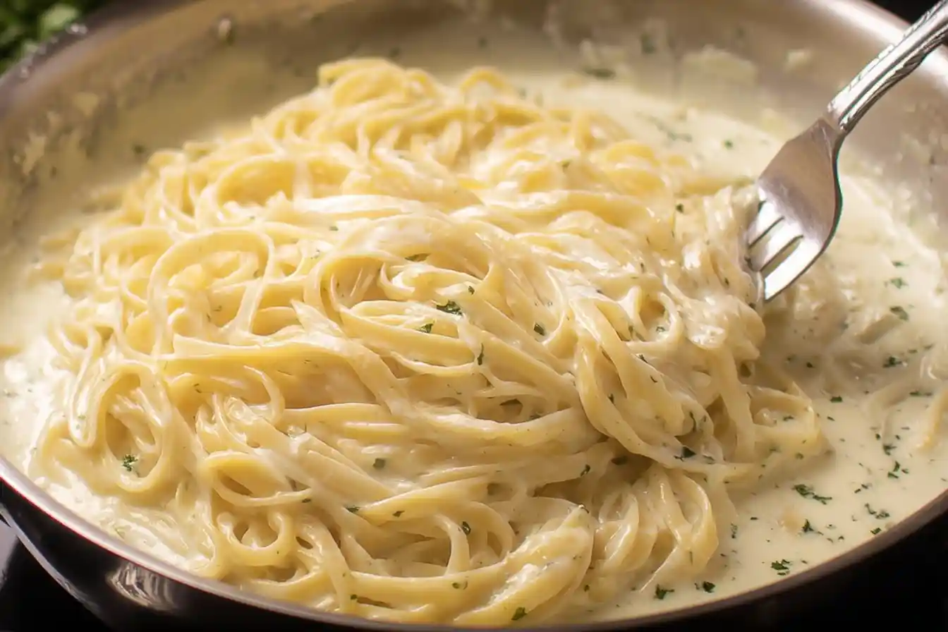 A close-up of penne pasta smothered in a rich and creamy Alfredo sauce, garnished with fresh green herbs.