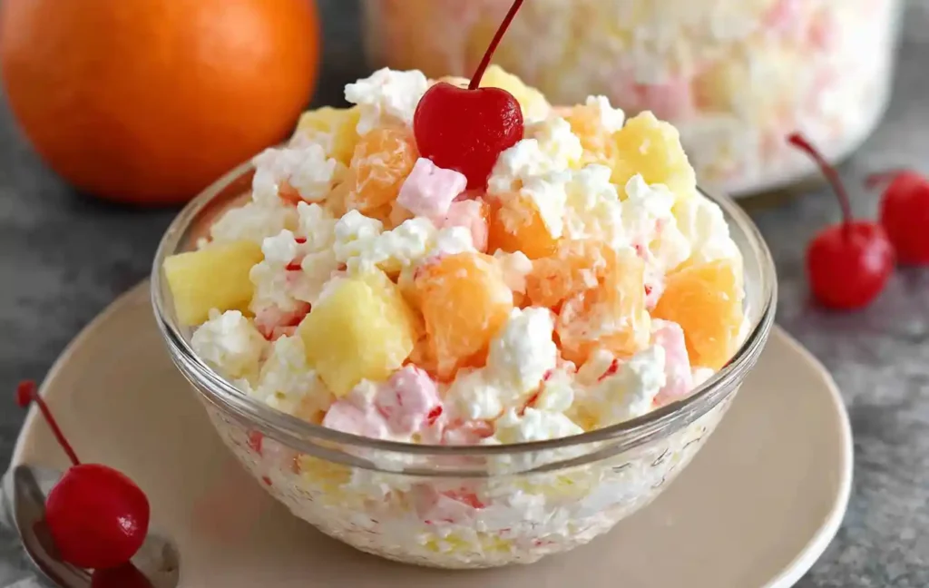 A vibrant Ambrosia Salad is presented in a clear glass bowl, featuring colorful marshmallows, mandarin oranges, pineapple chunks, and coconut flakes.