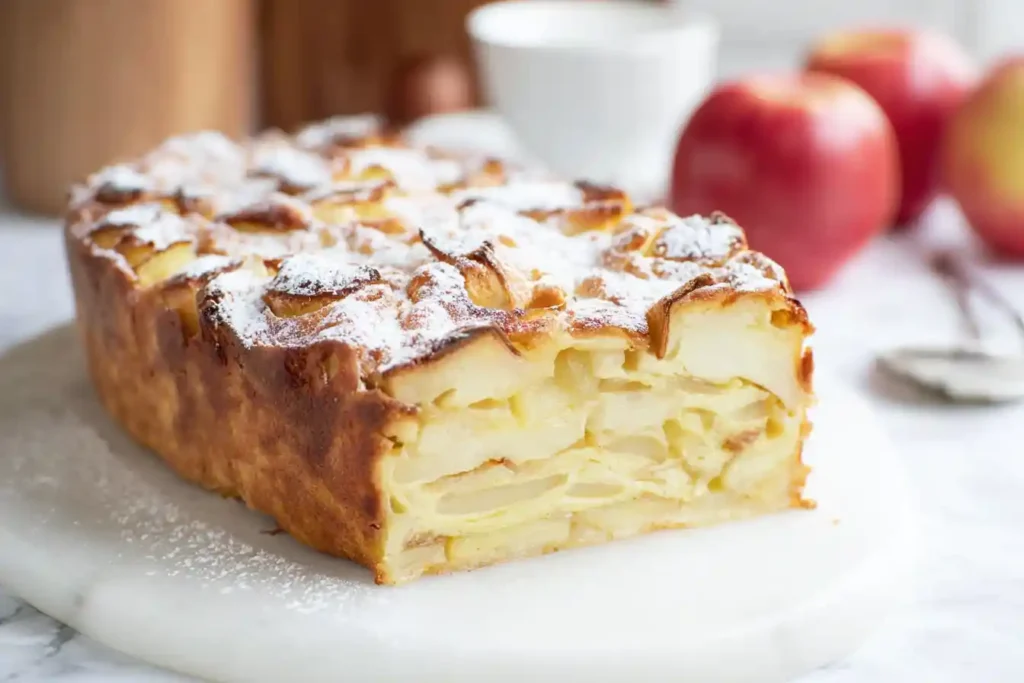 A close-up of a perfectly baked slice of Apple Cake Invisible, revealing its moist interior with thinly melded apple pieces and a golden, slightly caramelized top.
