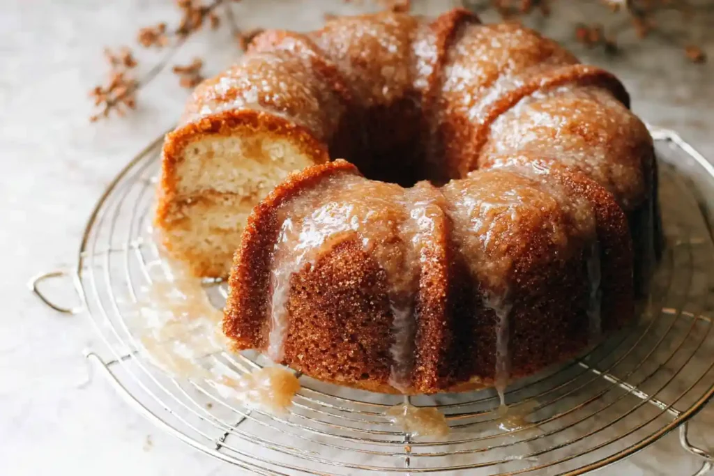 A perfectly sliced Apple Cider Cake, topped with whipped cream and an apple garnish, sits on a white plate beside fresh apples.