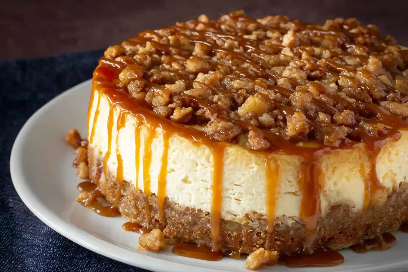 A close-up shot of a delectable slice of Apple Crisp Cheesecake, featuring a creamy filling, a streusel topping, and apple pieces.