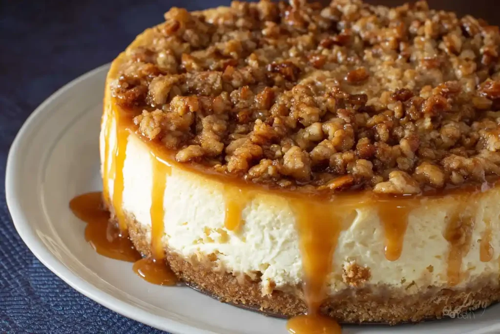 A close-up view of a perfectly baked slice of Apple Crisp Cheesecake on a plate, showcasing its creamy layers and golden-brown crumble topping with apple chunks.