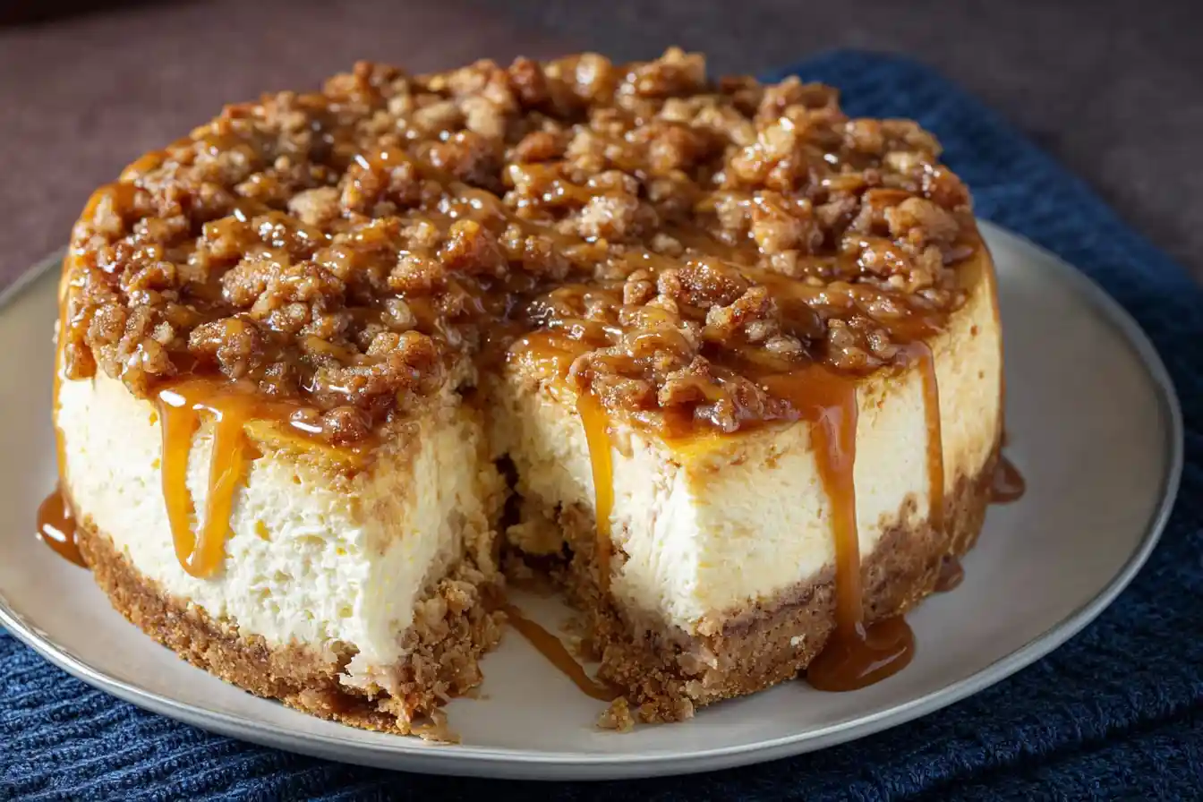 A close-up shot of a slice of Apple Crisp Cheesecake on a white plate, showcasing the creamy cheesecake base, a generous layer of spiced apple filling, and a golden crumbly crisp topping.