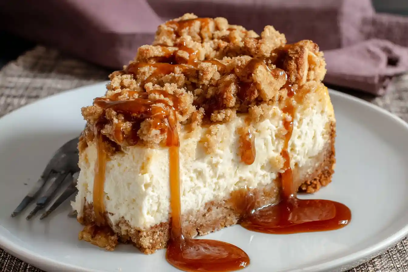 A delectable slice of Apple Crumble Cheesecake sits on a white plate, featuring a creamy filling, a layer of spiced apples, and a golden crumb topping.