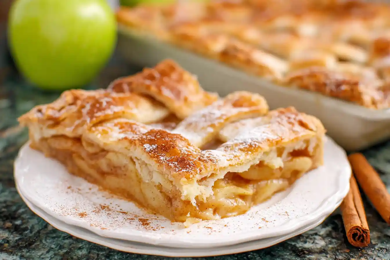 A golden-brown Apple Slab Pie with a lattice crust is cooling on a wire rack.