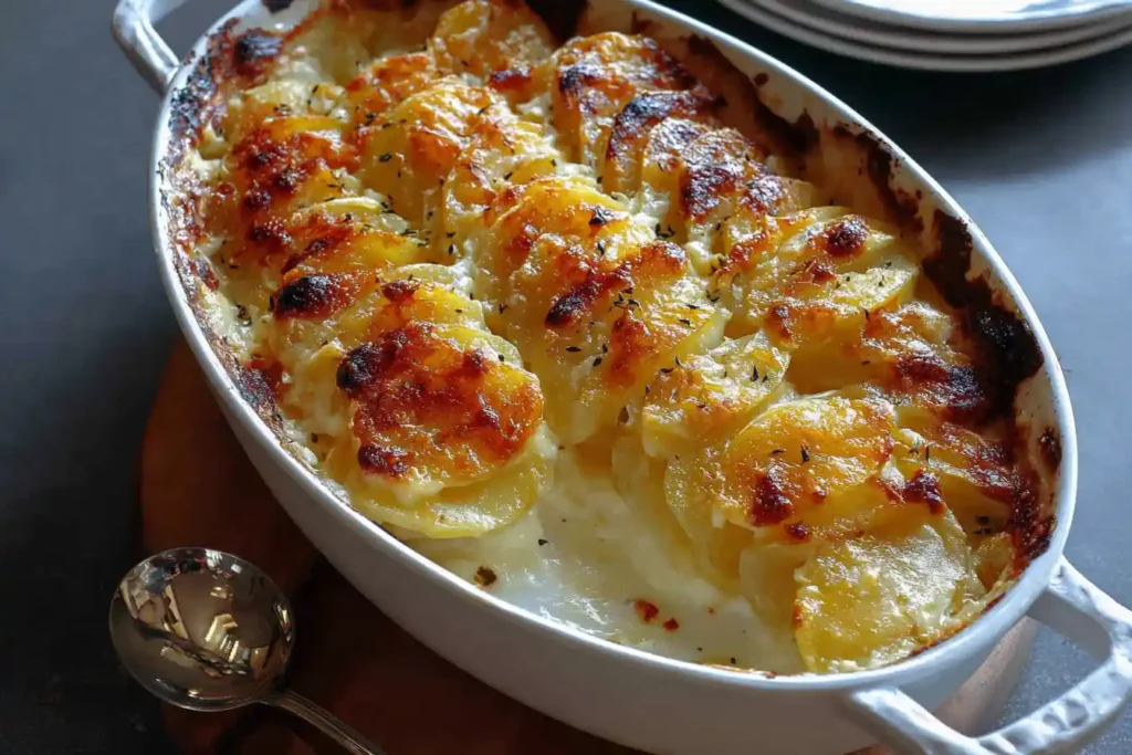 A close-up shot of a rectangular baking dish filled with golden-brown, bubbly Au Gratin Potatoes, topped with melted cheese and a sprinkle of fresh green herbs.