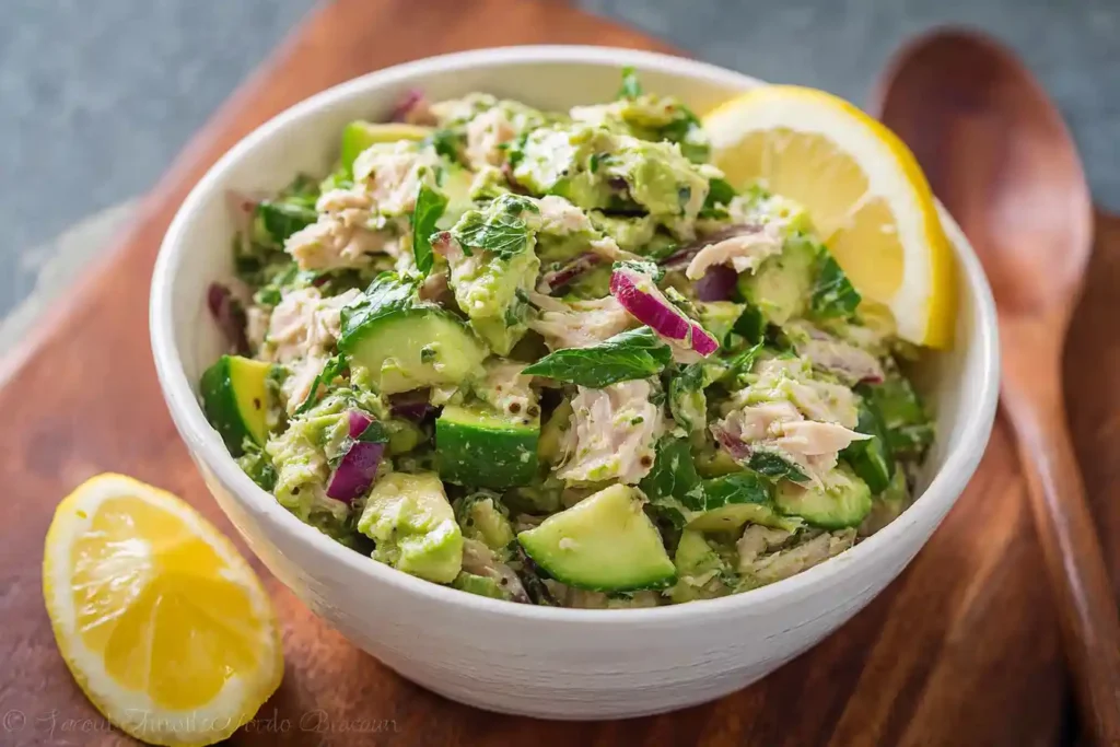 A vibrant bowl of creamy avocado tuna salad, garnished with fresh dill and a lemon wedge, is presented on a rustic wooden surface.