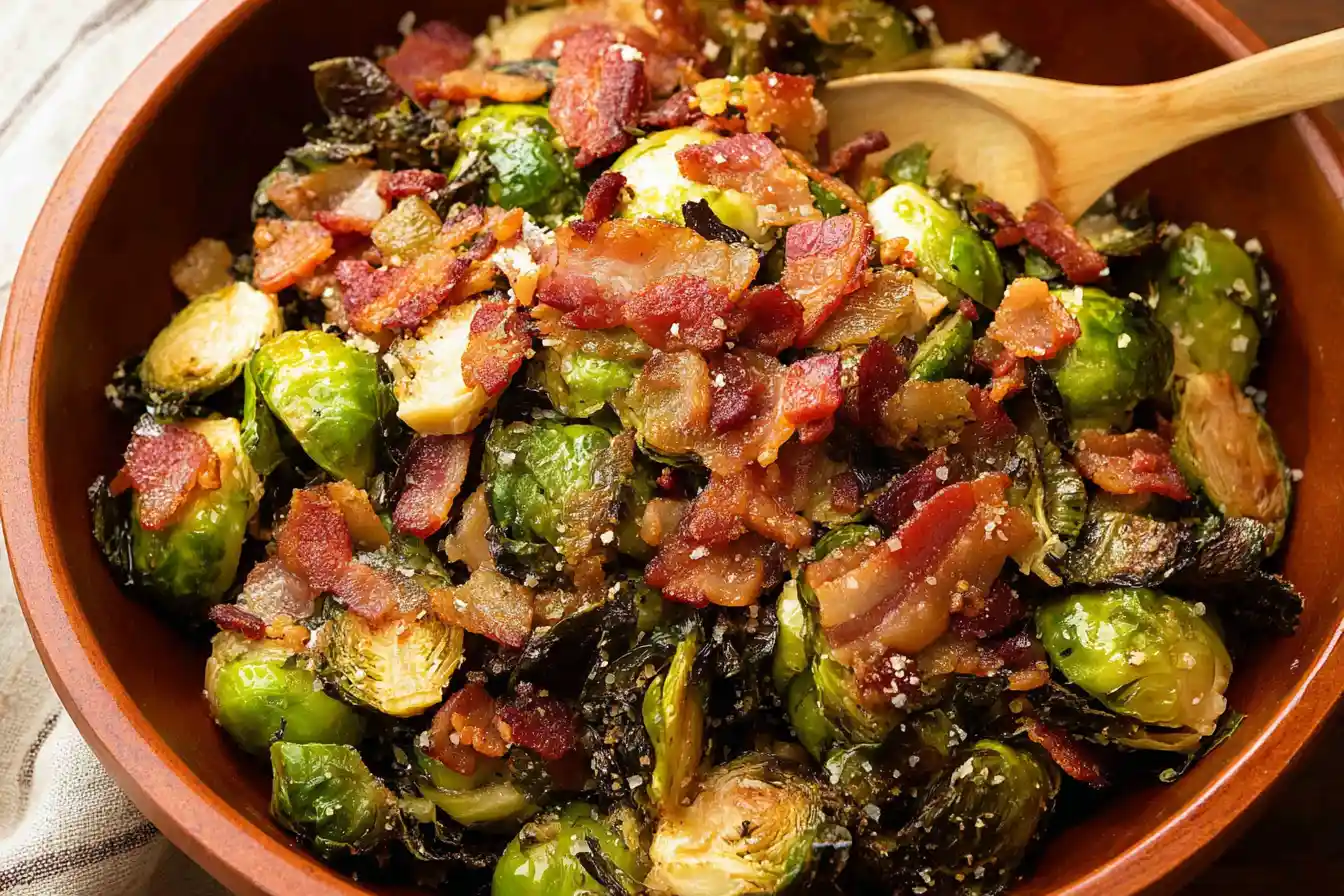 A close-up shot of a serving of crispy, roasted Bacon Brussels Sprouts in a rustic bowl.