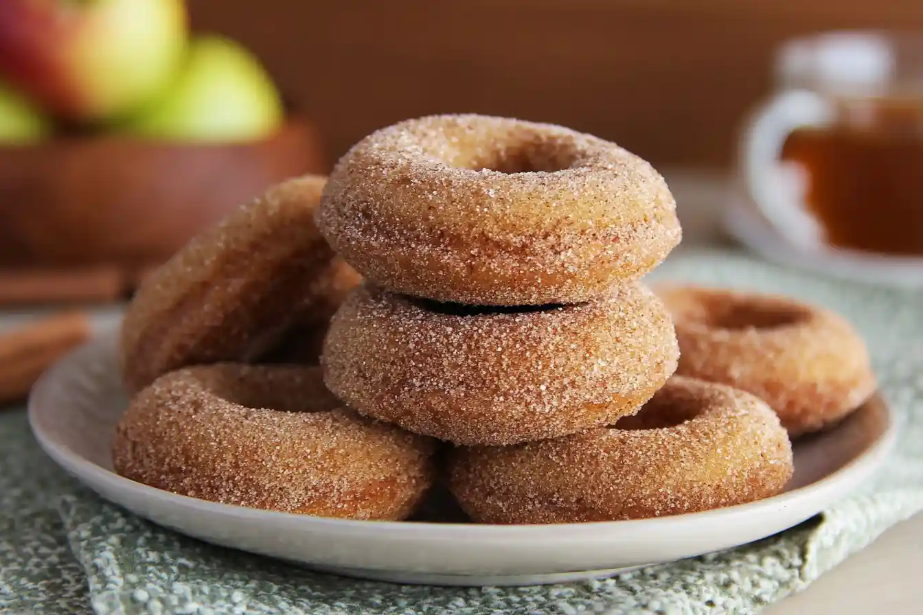 A close-up shows several golden-brown, sugar-dusted Baked Apple Cider Donuts! arranged artfully on a cooling rack.