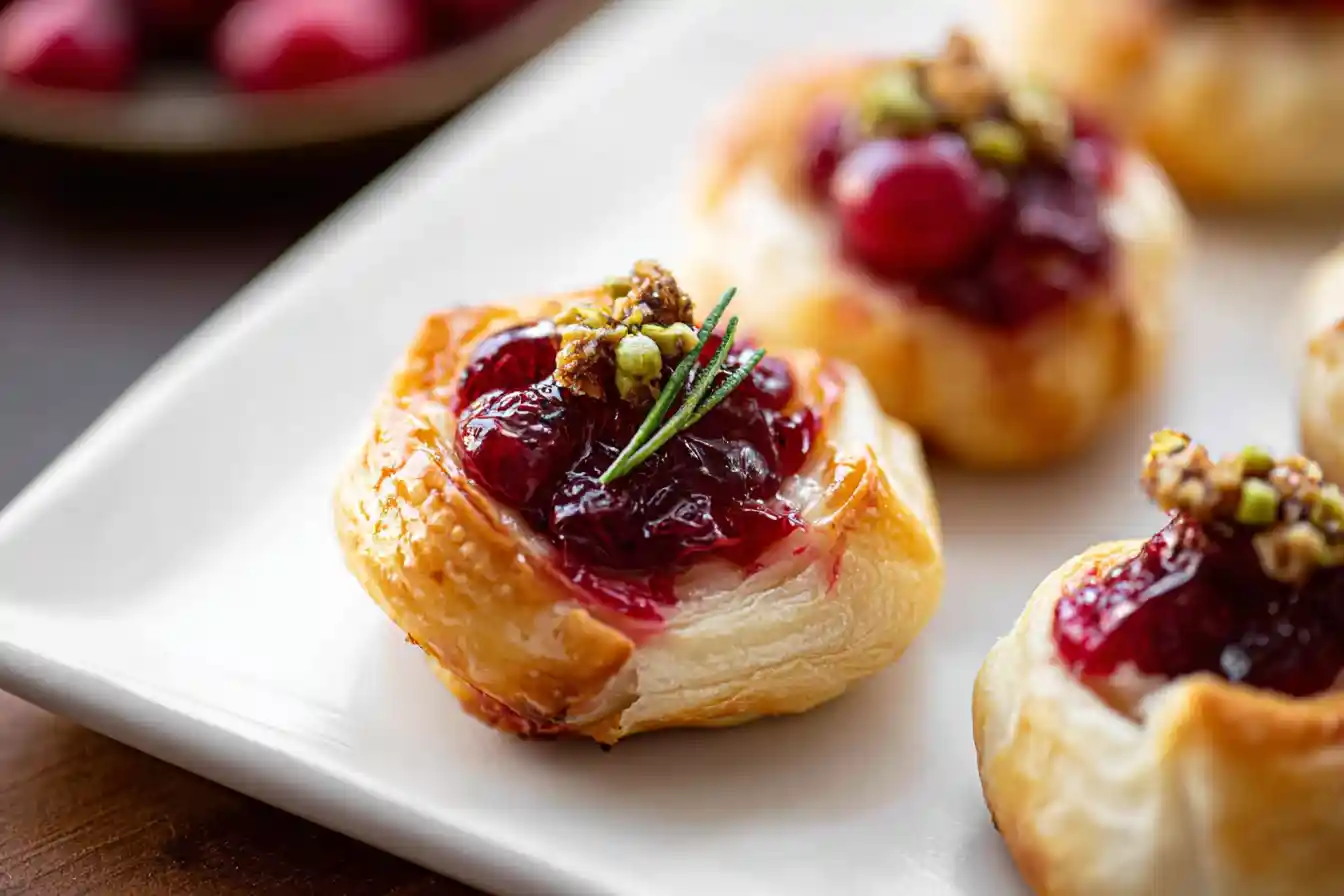A close-up shows several golden, flaky Baked Cranberry Brie Bites arranged on a serving platter, each topped with a dollop of cranberry sauce.