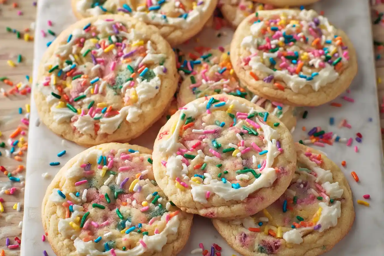 A bright assortment of birthday cake cookies, decorated with colorful sprinkles, is displayed on a light surface.