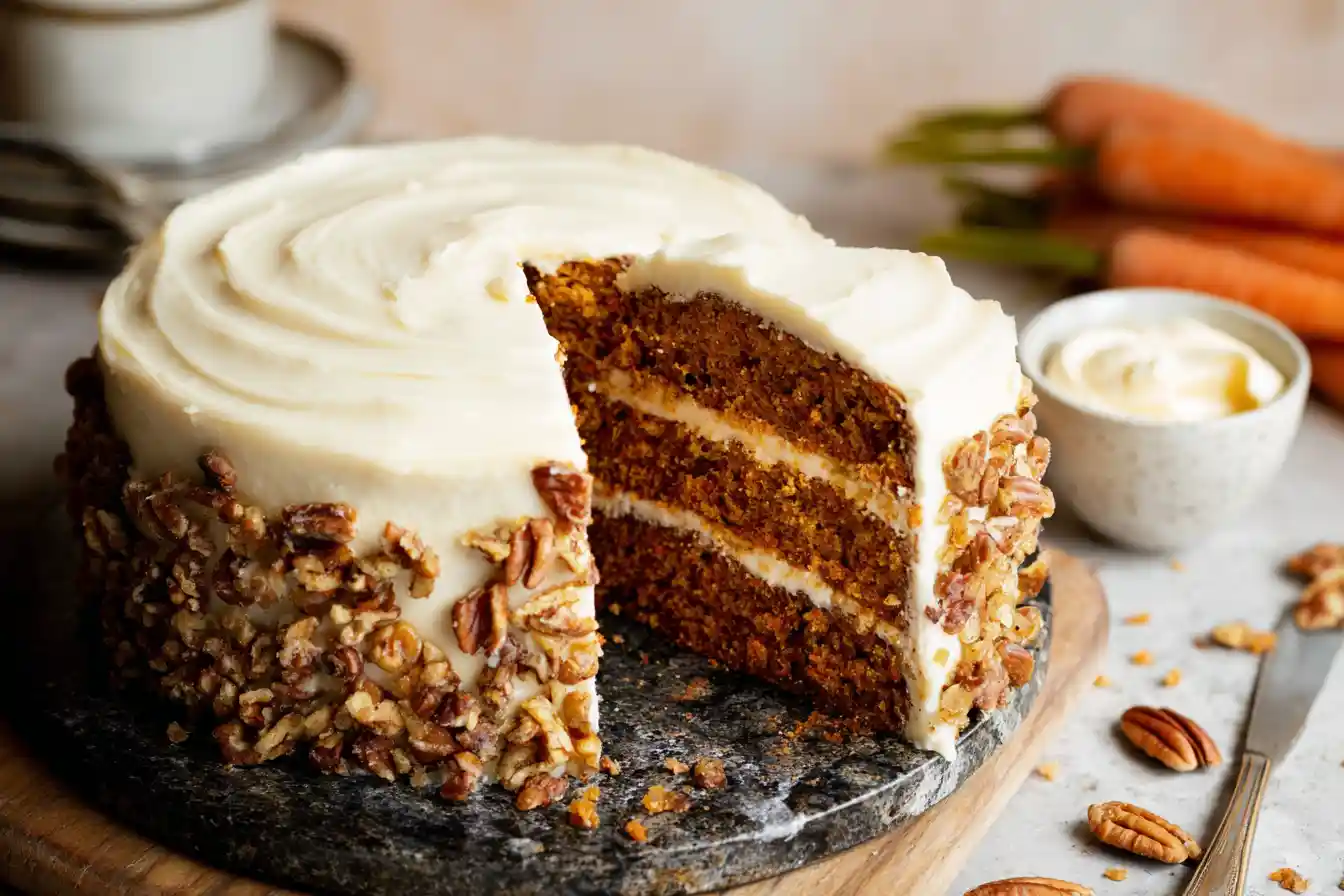 A delectable slice of fluffy Brown Butter Carrot Cake is served on a white plate, topped with smooth cream cheese frosting and a sprinkle of cinnamon.