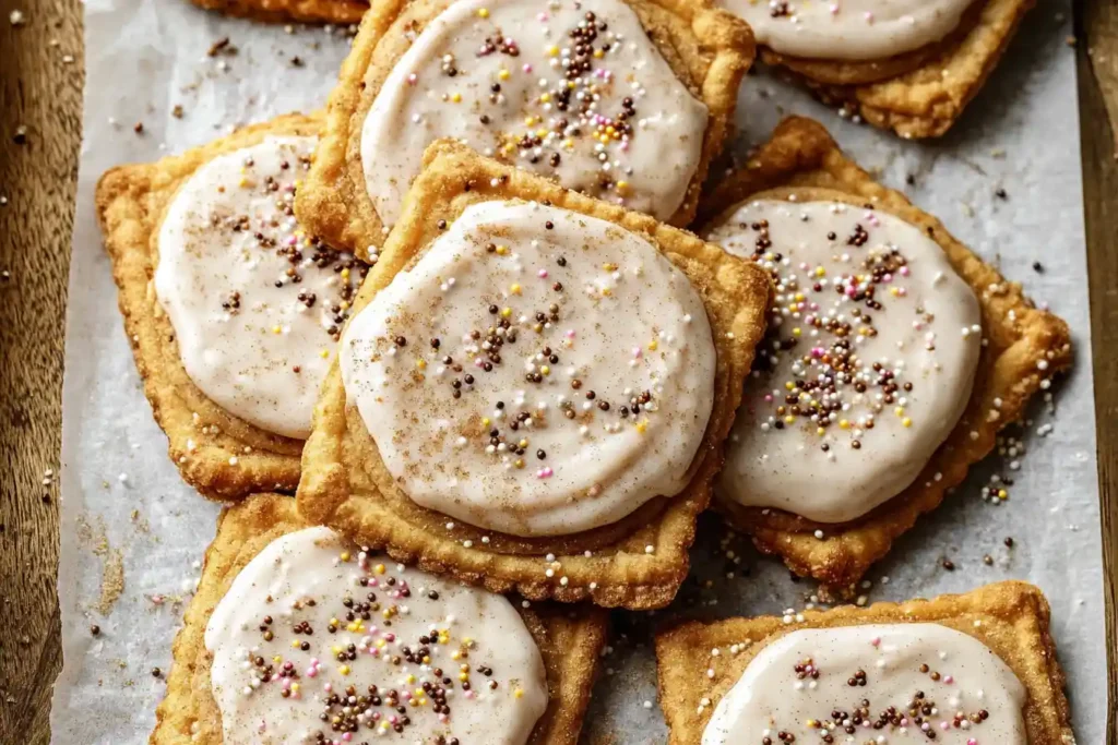 A stack of perfectly baked Brown Sugar Pop Tart Cookies, topped with white frosting and a sprinkle of cinnamon sugar, rests on a plate.